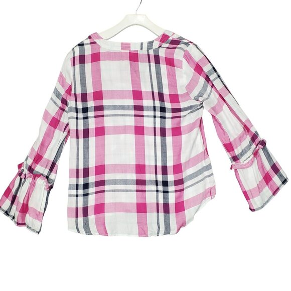 NWT MAISON JULES Womens Blouse SZ L Plaid Long Bell Sleeves Pink Lightweight - Picture 3 of 10